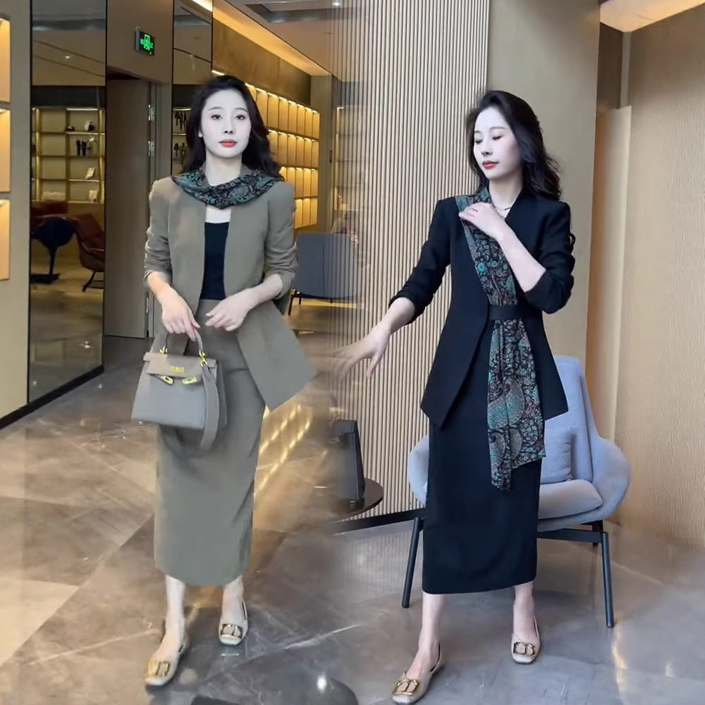 3022大码女装通勤时尚套装女胖mm设计感飘带西装半裙OL显瘦两件套
