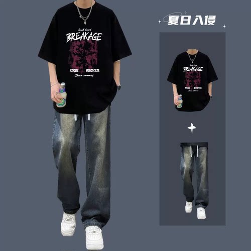 潮男穿搭短袖牛仔裤一套搭配夏季