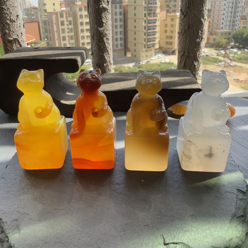 天然玛瑙玉髓小猫摆件玛瑙印章摆件玉髓小猫钓鱼 玉香插茶宠摆件