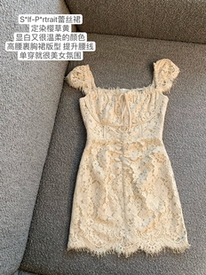 蕾丝连衣裙女夏季 方领纯欲风辣妹抹胸裙高级感紧身包臀裙子