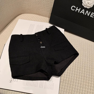 辣妹黑色直筒显腿长加厚毛呢短裤 女秋冬中高腰包臀休闲裤