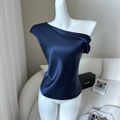 薇薇安 醋酸缎面短袖上衣女气质不对称设计斜肩t恤