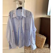 落肩 基础款 童趣彩色小马刺绣蓝色条纹长袖 宽松衬衫