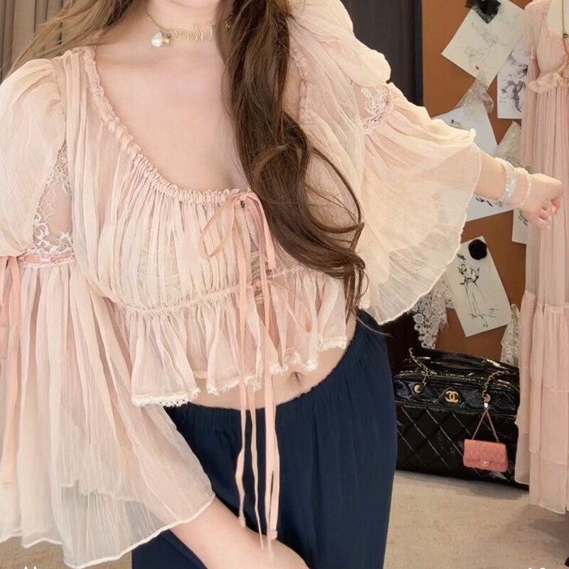-Bch10e私服秀款粉雾惊梦/荷叶边泡泡袖雪纺衫短款上衣