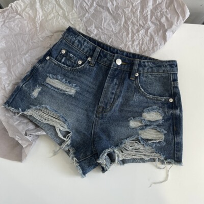 春夏新款手工毛边破洞水洗蓝牛仔短裤百搭时髦热裤女