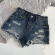 百搭时髦热裤 春夏新款 手工毛边破洞水洗蓝牛仔短裤 女