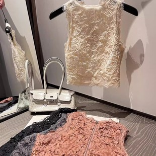 蕾丝衫 无袖 上衣 短款 灰色重工盘带绣挂脖吊带背心女修身