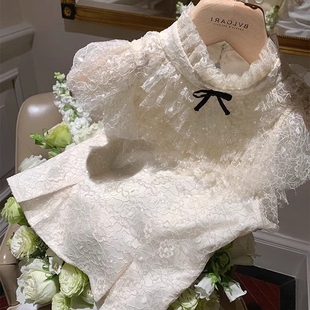 「冰娇」精致少女重工多层蕾丝亮片蝴蝶结上衣小飞袖衬衣