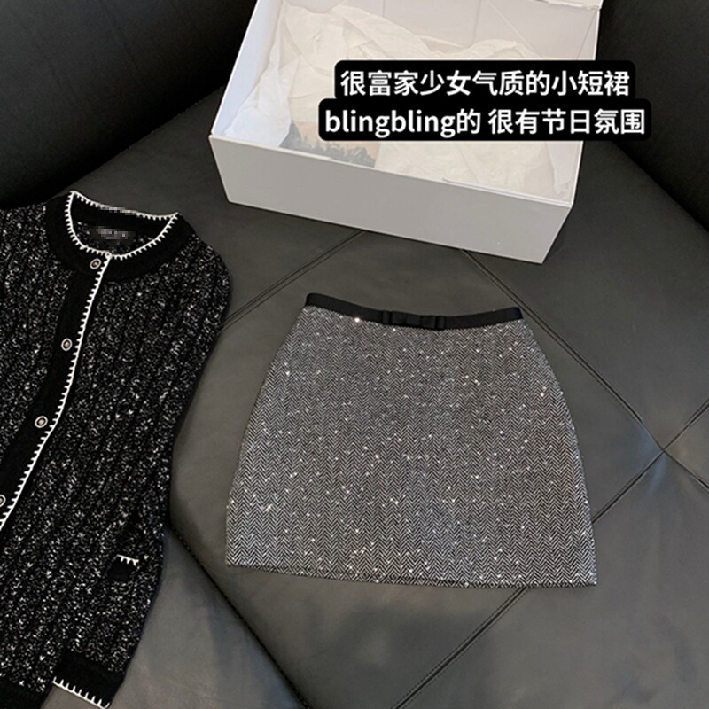 清仓【Lux系列 娇俏千金】30%羊毛气质显瘦亮片短裙百搭半身裙