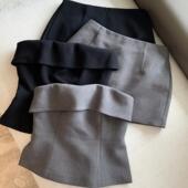 女早秋 侧口袋半身裙套装 优雅俏皮翻边修身 显瘦抹胸上衣