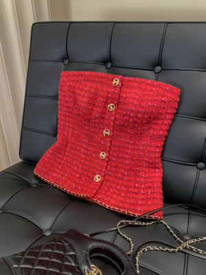 编织粗花呢红色小香风抹胸上衣