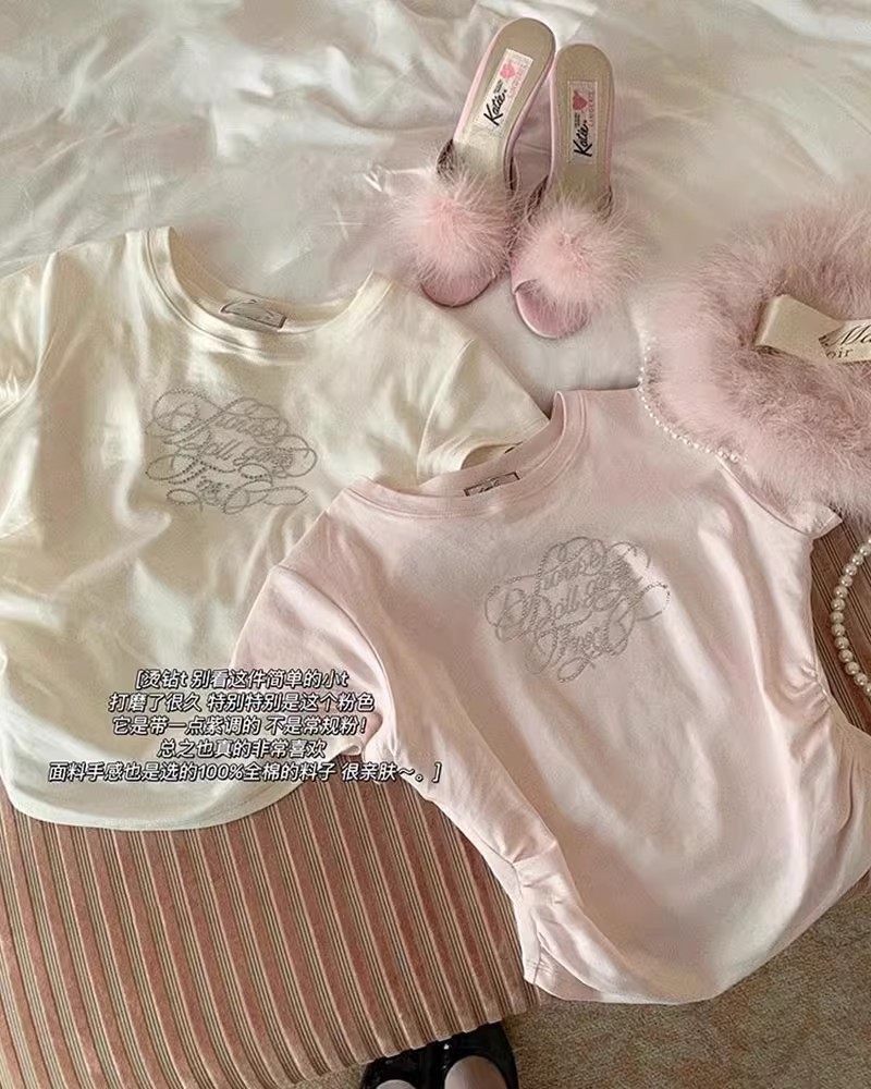 《钻石糖系列》y2k原创字母烫钻姐妹双色T恤女夏短袖上衣