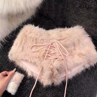 *绒绒嫩系兔*系带抽绳不规则毛毛修身百搭热裤显腿长短裤女