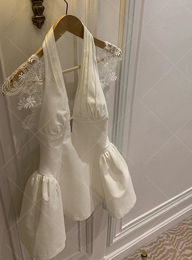 香香典藏/纯欲深V挂脖白色连衣裙女夏季法式风情A字短裙