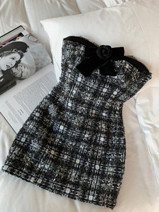 茶花胸针粗花呢蕾丝蝴蝶边抹胸裙女春季 性感辣妹连衣裙