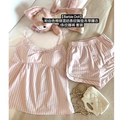 粉色条纹蝴蝶结睡衣套装女夏季