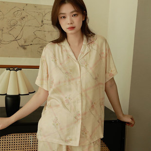 26年春款女士家居服人棉贡缎高级感花卉印花翻领短袖长裤睡衣套装