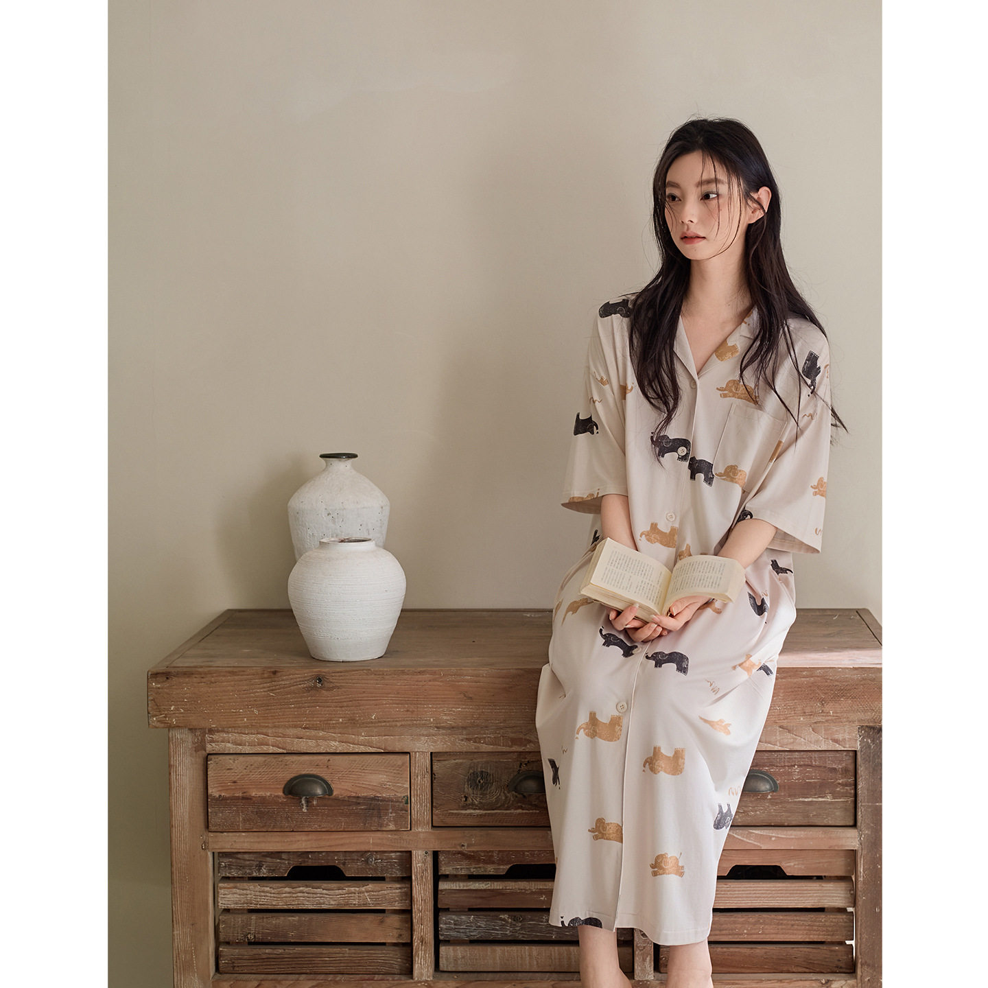 日系猫咪印花莫代尔棉开衫睡裙夏季凉感宽松大码中长款外穿家居服