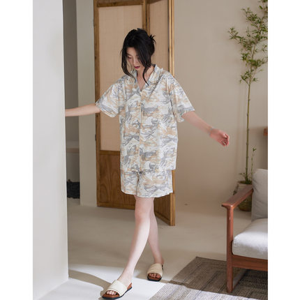国风晕染短袖短裤睡衣翻领短袖短裤两件套宽松薄款可外穿家居服女