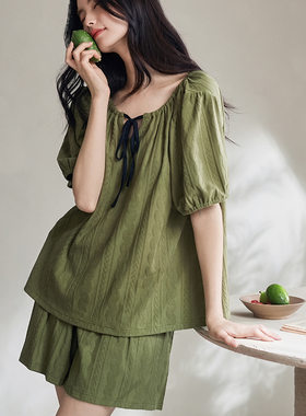 纯棉睡衣女款2025新款夏天薄款可外穿军绿短袖短裤家居服夏季套装