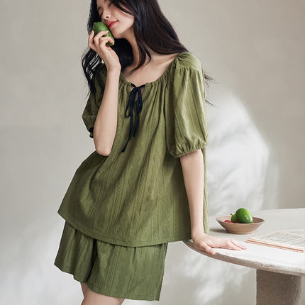 纯棉睡衣女款2025新款夏天薄款可外穿军绿短袖短裤家居服夏季套装