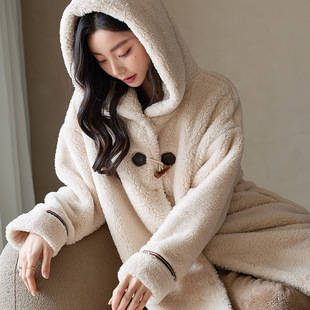 珊瑚绒睡衣女秋冬款加厚连帽可外穿法兰绒中长款睡袍家居服两件套