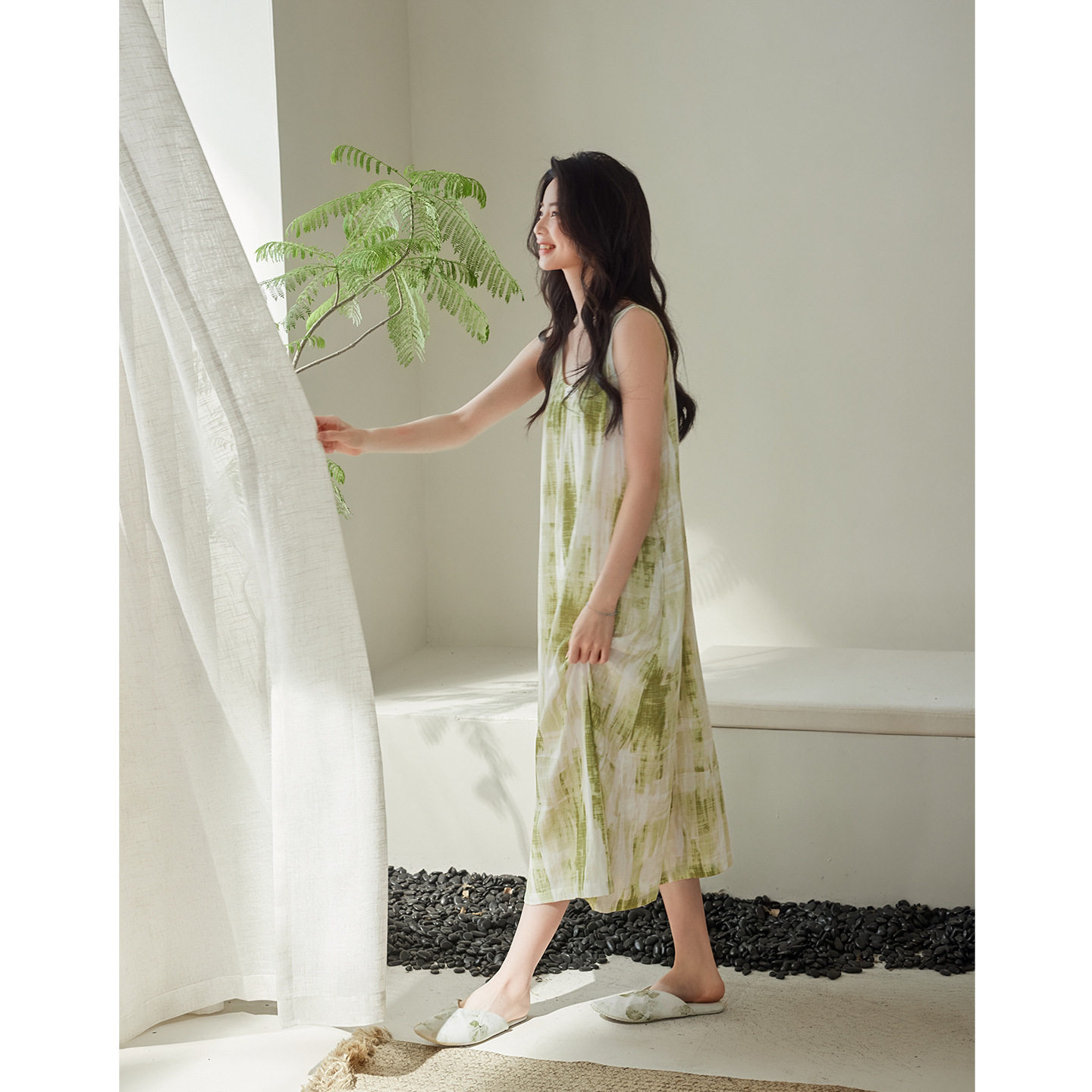 夏季清凉背心可外穿睡裙女休闲宽松小清新扎染慵懒风天竹纱家居裙
