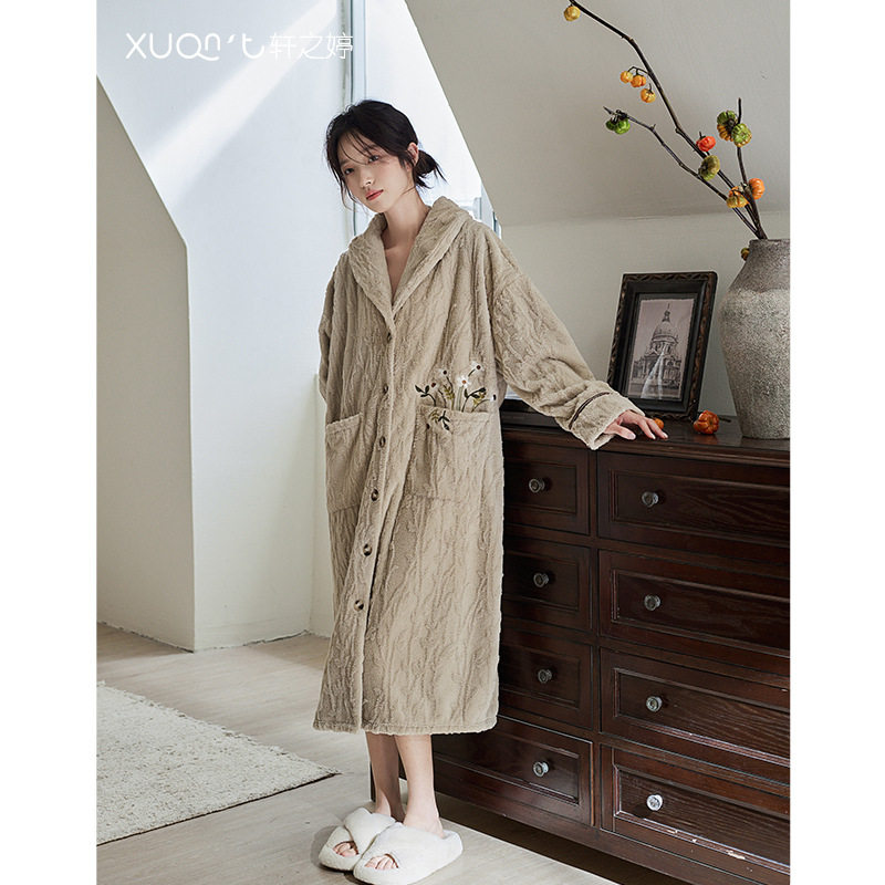 珊瑚绒睡袍女冬季加绒加厚长款过膝睡裙可外穿法兰绒睡衣浴袍冬款
