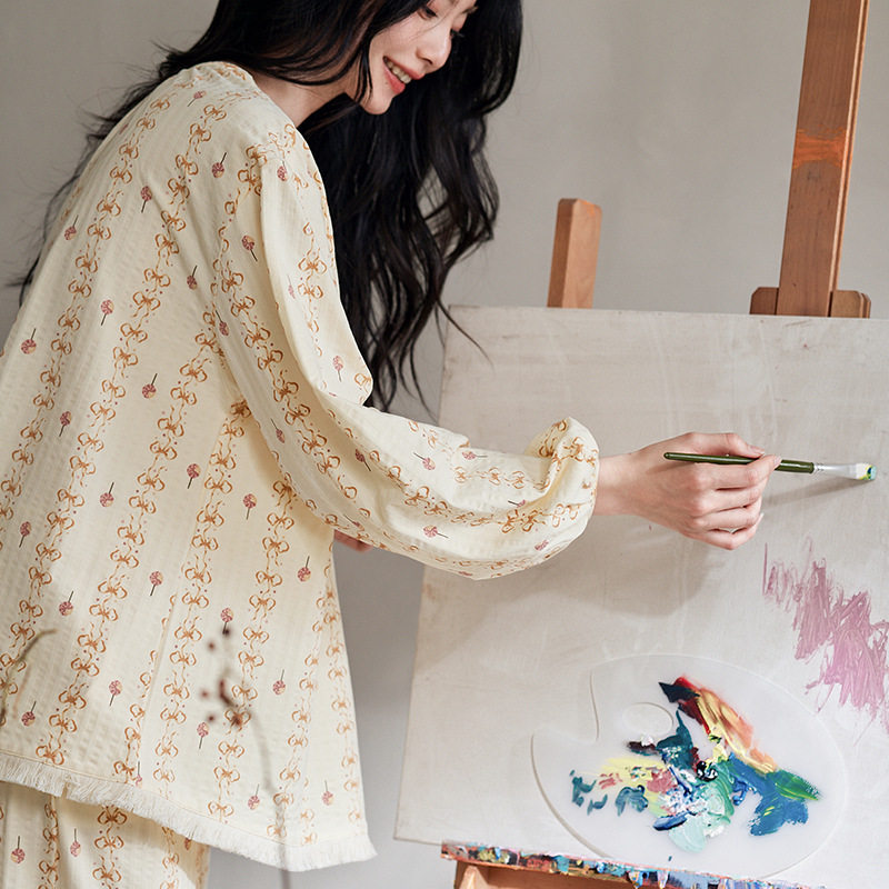 睡衣女款春秋新款纯棉长袖甜美可爱蝴蝶结印花圆领春季家居服套装