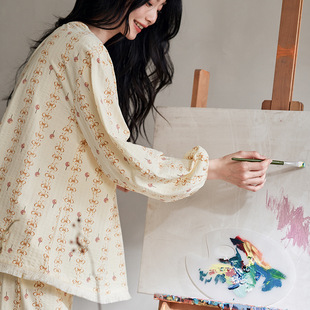 睡衣女款春秋新款纯棉长袖甜美可爱蝴蝶结印花圆领春季家居服套装