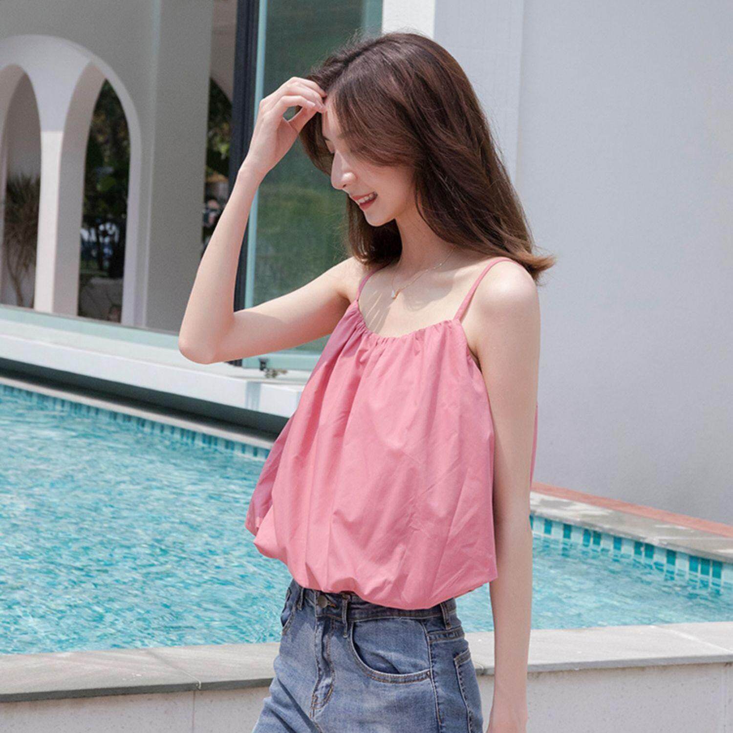 纯欲吊带女2024夏季新款纯色背心短款锁骨显瘦蓬松灯笼花苞型上衣