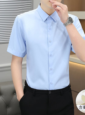 高级感短袖衬衫男士桑蚕丝薄款衬衣夏季潮流修身抗皱冰丝翻领上衣