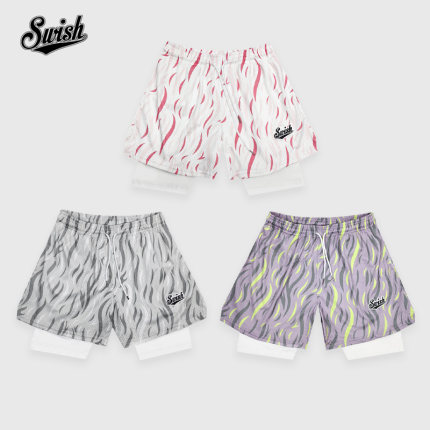 SWISH THE BALL IN柳叶系列美式运动假两件双层篮球短裤男三四分