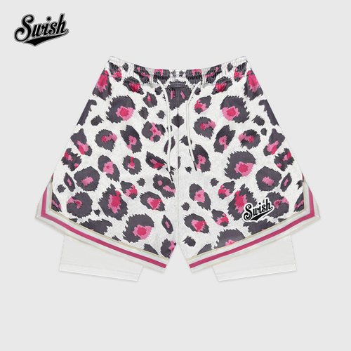 SWISH豹纹美式假两件运动短裤