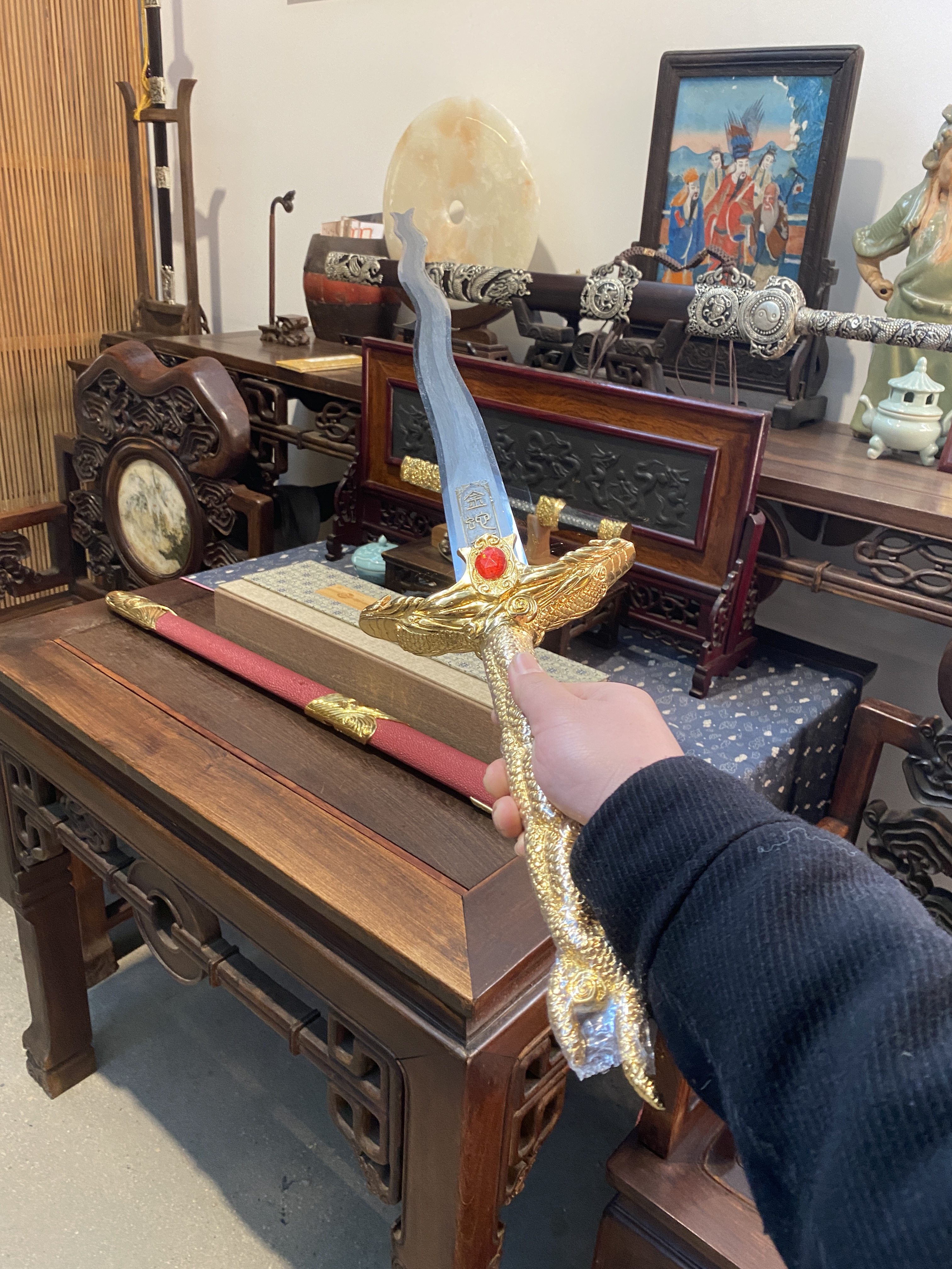 龙泉宝剑厂出品金蛇剑镀金装具毛铁剑身鱼皮鞘未开刃