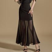 2025夏新款 高腰包臀拼雪纺荷叶边半身长裙女设计感气质飘逸半身裙