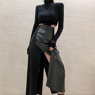 秋冬款 PU皮裙半身裙 设计感小众裙子女性感开叉气质包臀高腰中长款