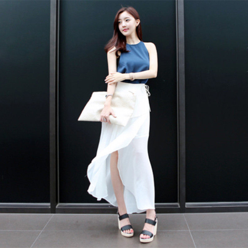 2022春夏时尚仙女装开叉沙滩大摆裙子韩版飘逸开衩雪纺半身长裙女