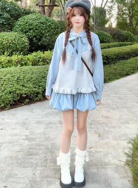 胖MM大码少女蝴蝶结系带衬衫花苞连衣裙搭配高级灰色背心针织马甲