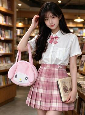 胖mm大码女百褶裙学生校服格裙夏JK制服裙套装全套长袖日系半身裙