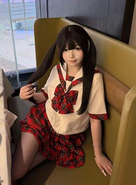胖MM大码新款日系水手服红格裙学生校供感JK短袖衬衫苏格兰一整套