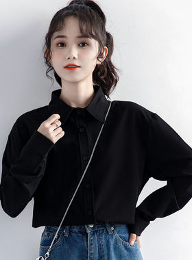 胖MM200斤特大码港风复古黑色长袖衬衫女春秋polo领休闲显瘦衬衣