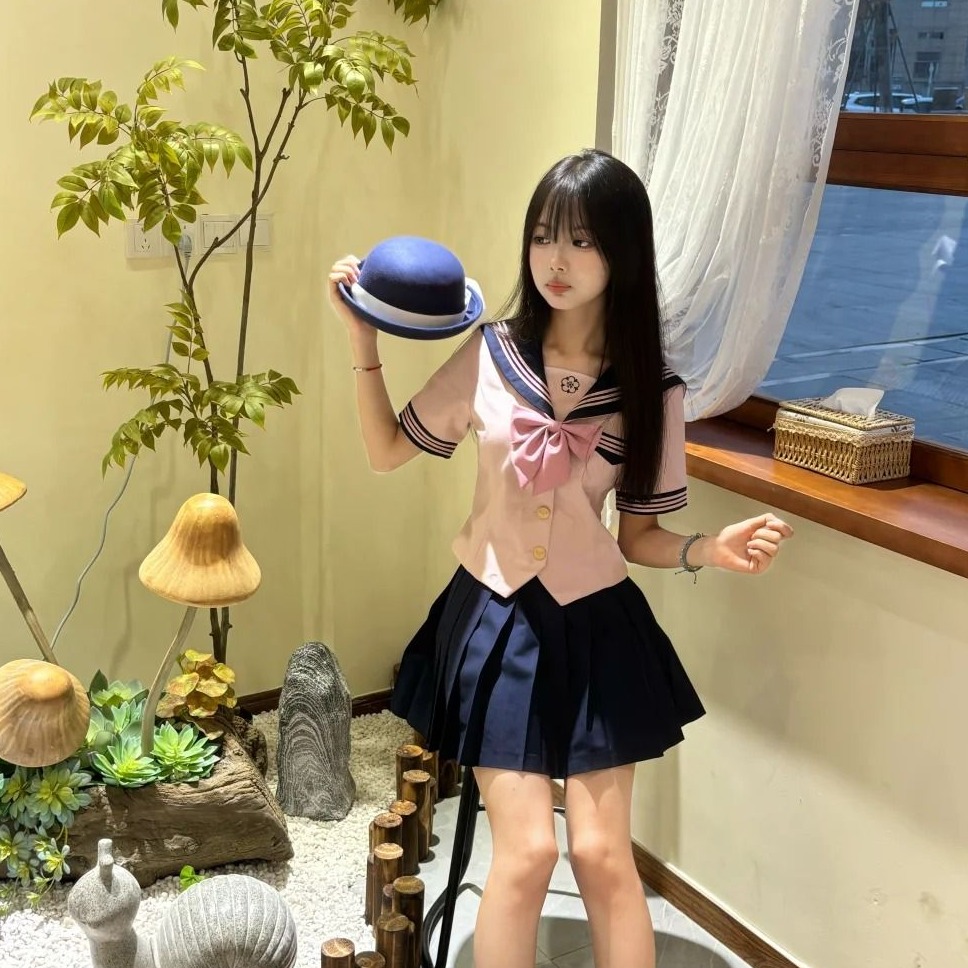 胖MM大码海军水手服套装jk制服绀三本衬衫上衣日系学院风百褶裙