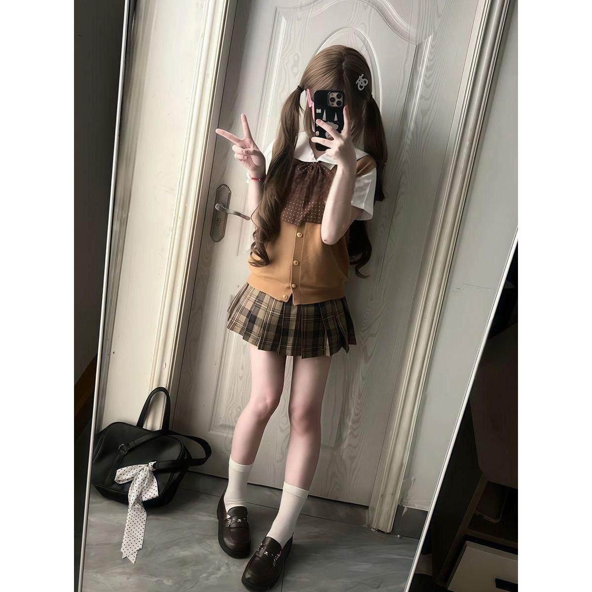 胖MM大码小棕日系春秋JK制服套装格裙套头背心马甲学院风校供软妹