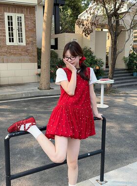 胖MM大码新款复古风时尚百搭高级感波点撞色A字花苞背心连衣裙女