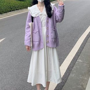 娃娃領顯瘦連衣裙毛衣開衫 胖MM200斤特大碼 兩件套裝 新款 外套針織