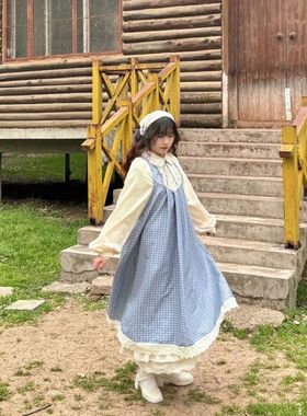 胖MM200斤特大码学院风蓝色连衣裙子长袖宽松格纹超仙新中式a字裙