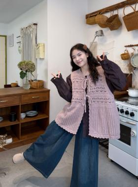 胖MM大码日系文艺套装女花纹针织马甲木耳花边长袖衬衫宽松两件套