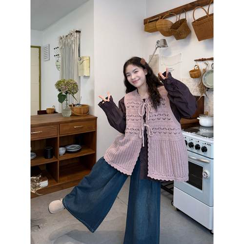 胖MM大码日系文艺套装女花纹针织马甲木耳花边长袖衬衫宽松两件套