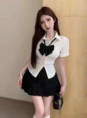 胖MM大码JK制服学院风日系穿搭基础款短袖衬衫白色上衣百褶裙套装